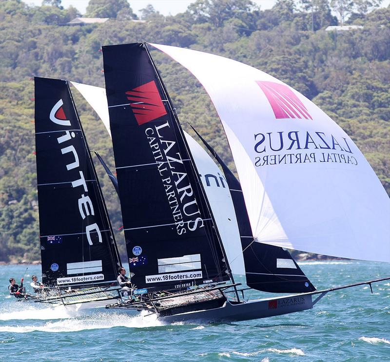 Two first year teams Lazarus Capital Partners and Vintec at top speed - 2020-2021 NSW Championship photo copyright Frank Quealey taken at Australian 18 Footers League and featuring the 18ft Skiff class