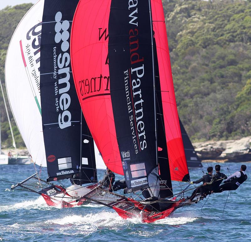 Shaw and Partners chases early leader Smeg in Race 7 of the Australian Championship photo copyright Frank Quealey taken at Australian 18 Footers League and featuring the 18ft Skiff class