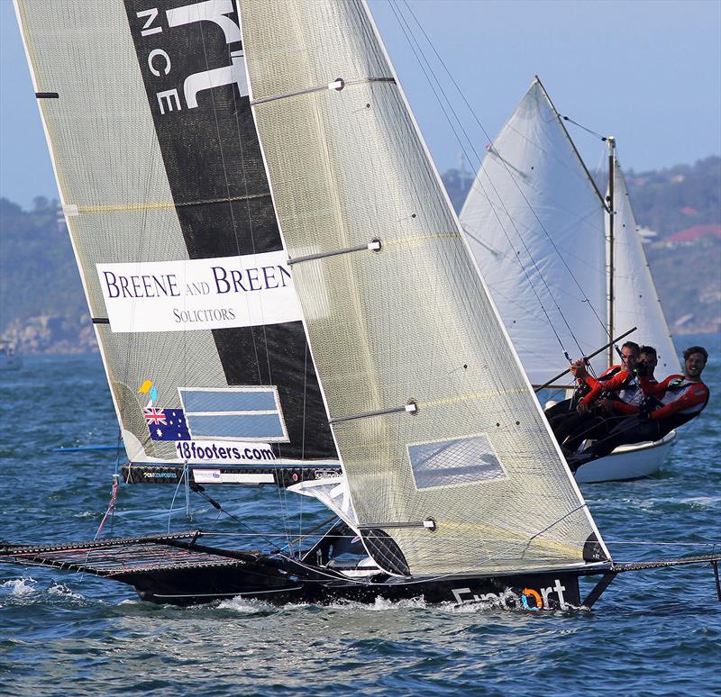 Finport Finance team approaches the finish line as a deserved winner of race 15 of the 18ft Skiff Club Championship photo copyright Frank Quealey taken at Australian 18 Footers League and featuring the 18ft Skiff class