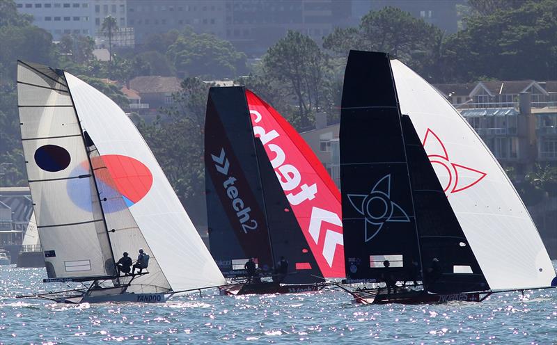 Spinnaker run to Chowder Bay during race 15 of the 18ft Skiff Club Championship photo copyright Frank Quealey taken at Australian 18 Footers League and featuring the 18ft Skiff class