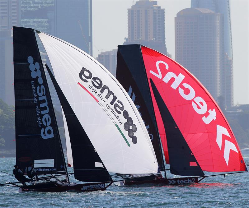 tech2 and Smeg had a race-long battle behind the three leaders during race 15 of the 18ft Skiff Club Championship photo copyright Frank Quealey taken at Australian 18 Footers League and featuring the 18ft Skiff class