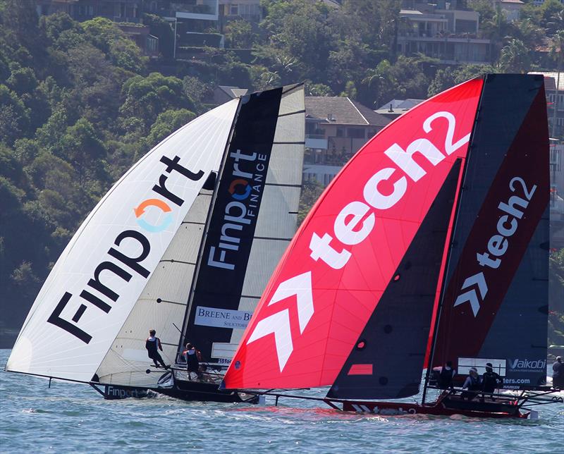 Finport Finance took thew lead from tech2 on leg to Robertson Point during race 15 of the 18ft Skiff Club Championship photo copyright Frank Quealey taken at Australian 18 Footers League and featuring the 18ft Skiff class