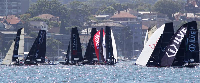 Bottom mark rounding on the first lap of the course during race 15 of the 18ft Skiff Club Championship photo copyright Frank Quealey taken at Australian 18 Footers League and featuring the 18ft Skiff class