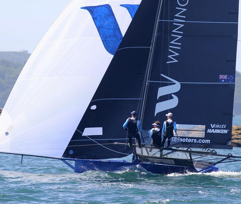 Winning Group on the first spinnaker run during race 15 of the 18ft Skiff Club Championship photo copyright Frank Quealey taken at Australian 18 Footers League and featuring the 18ft Skiff class
