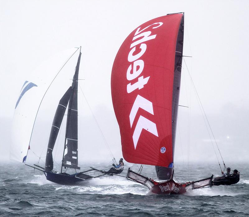 Leaders race to the finish line - 2021 JJ Giltinan 18ft Skiff Championshipt photo copyright Frank Quealey taken at Australian 18 Footers League and featuring the 18ft Skiff class