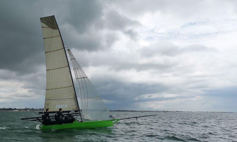 The Green Skiff at the UK 18ft Skiff Solent Grand Prix Series Round 2 at Calshot photo copyright Kate and Harry Sullivan taken at  and featuring the 18ft Skiff class