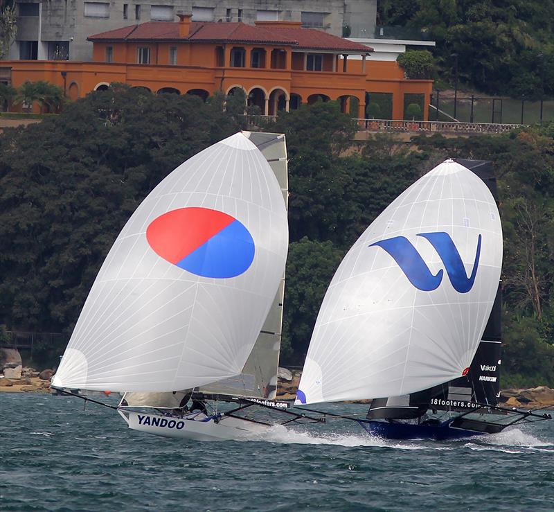 Yandoo leads Winning Group during a race on Sydney Harbour in the 2020 season photo copyright Frank Quealey taken at Australian 18 Footers League and featuring the 18ft Skiff class