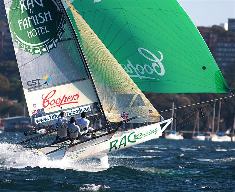 John Harris, Peter Harris and Scott Babbage in action on Rag and Famish Hotel on Sydney Harbour photo copyright Frank Quealey taken at Australian 18 Footers League and featuring the 18ft Skiff class