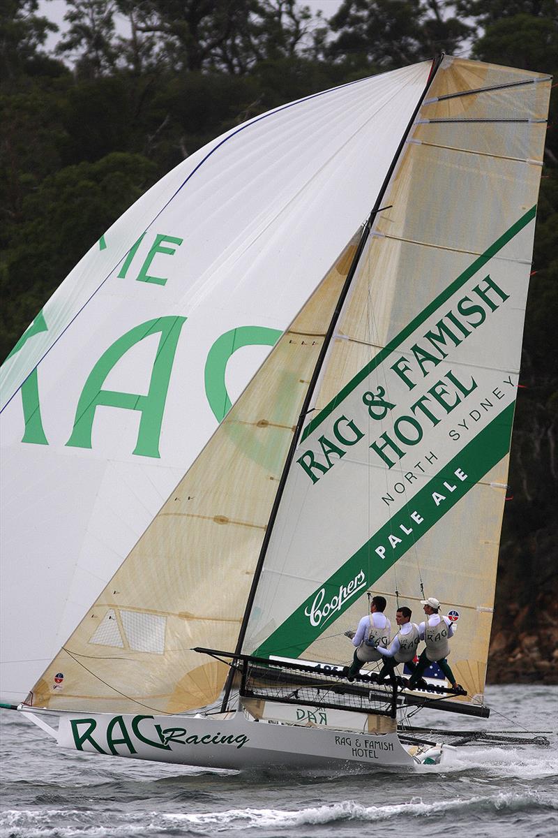 John, Scott and Peter on Rag and Famish Hotel photo copyright Frank Quealey taken at Australian 18 Footers League and featuring the 18ft Skiff class