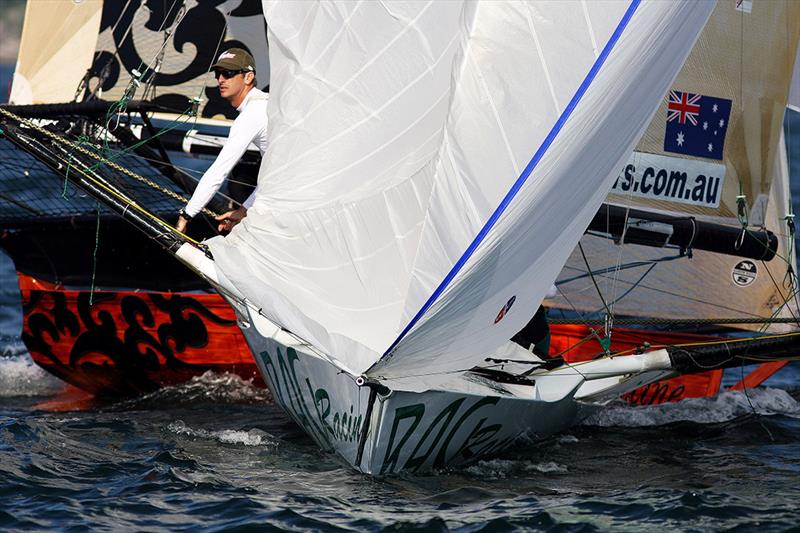 John Harris is alert at this tight mark rounding photo copyright Frank Quealey taken at Australian 18 Footers League and featuring the 18ft Skiff class