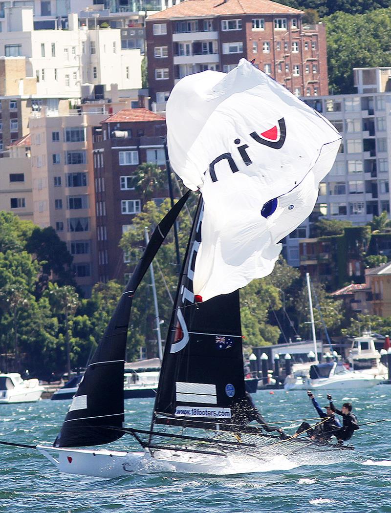 18ft Skiff Spring Championship Race 6: Spinnaker gone photo copyright Frank Quealey taken at Australian 18 Footers League and featuring the 18ft Skiff class