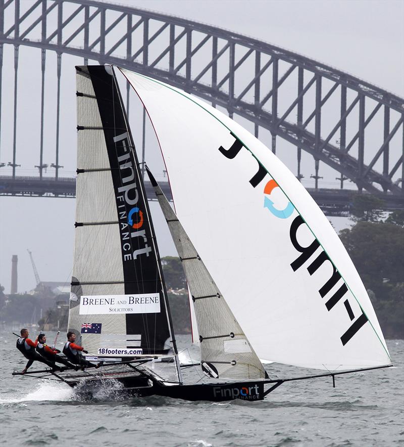 18ft Skiff NSW Championship Race 2: Finport Finance was one of the first teams to set a spinnaker on the leg from Clark Island photo copyright Frank Quealey taken at Australian 18 Footers League and featuring the 18ft Skiff class