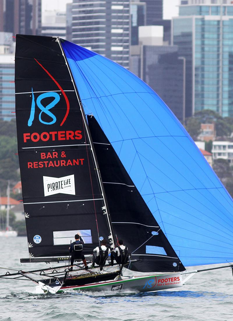 Pedro Vozone's 18 footers bar and restaurant on the first spinaker run - 18ft Skiff NSW Championship on Sydney Harbour - Race 3 photo copyright Frank Quealey taken at Australian 18 Footers League and featuring the 18ft Skiff class