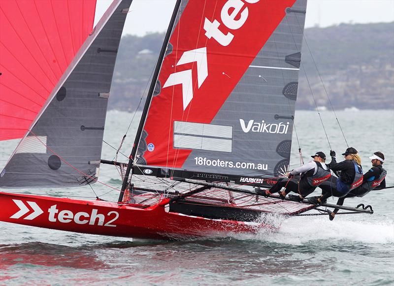 Tech2 team straining to get every ounch of speed as it cases the race leader - 18ft Skiff NSW Championship on Sydney Harbour - Race 3 photo copyright Frank Quealey taken at Australian 18 Footers League and featuring the 18ft Skiff class