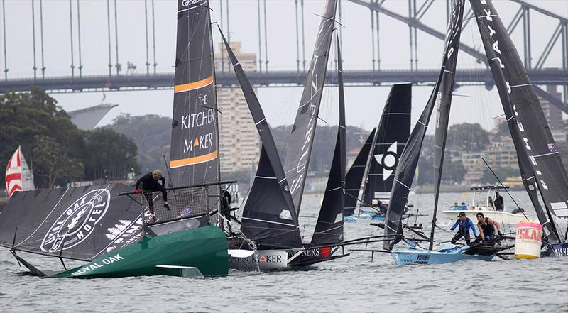 Incident which split the fleet at the Clark Island mark - 18ft Skiff NSW Championship on Sydney Harbour - Race 3 photo copyright Frank Quealey taken at Australian 18 Footers League and featuring the 18ft Skiff class