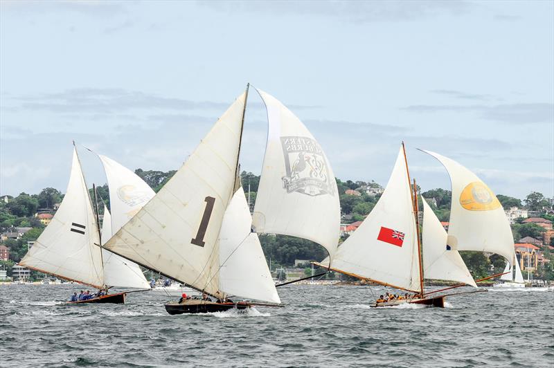 (l-r) Tangalooma, Top Weight and Britannia during the 2022 Historical 18 Footer Australian Championship photo copyright Bruce Kerridge taken at Sydney Flying Squadron and featuring the 18ft Skiff class