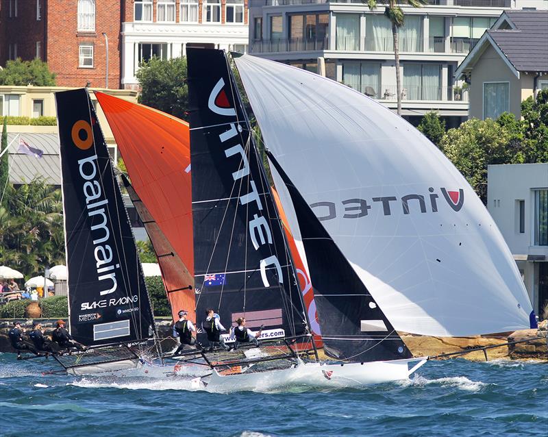German team (Vintec) and Balmain Slake in tight spinnaker contest on the first lap off the course during 18ft Skiff Club Championship Race 17 - photo © Frank Quealey