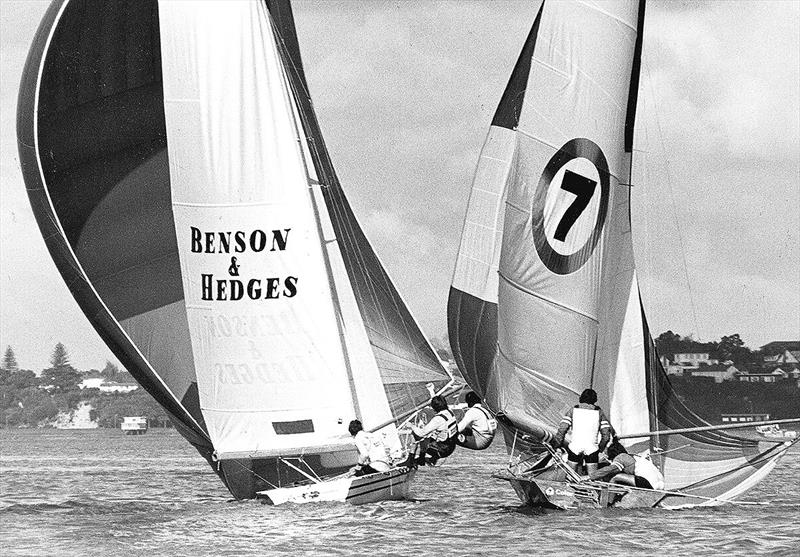 Timber vs foam as Color 7 and Benson and Hedges compete at the 1977 JJ Giltinan World 18ft Skiff Championship photo copyright Frank Quealey taken at Australian 18 Footers League and featuring the 18ft Skiff class