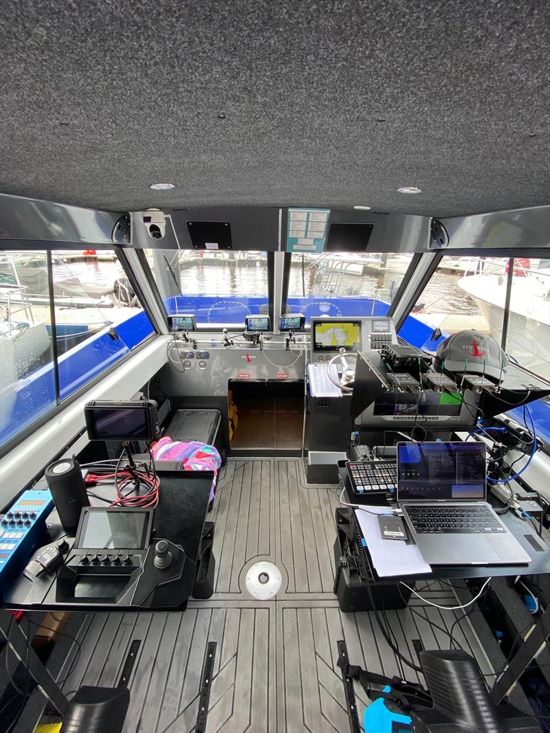 Interior of the SailMedia's special on the water camera and commentary catamaran used to cover sailing events on Sydney Harbour including the JJ Giltinan trophy photo copyright Michael Chittenden taken at Australian 18 Footers League and featuring the 18ft Skiff class