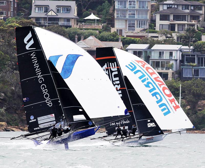 John Winning Jr (Winning Group) battles for victory with three times Giltinan champion David McDiarmid (Honda Marine) photo copyright Frank Quealey taken at Vaucluse Amateur 12ft Sailing Club and featuring the 18ft Skiff class