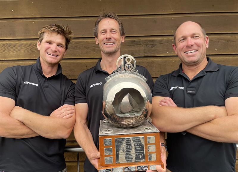 Victorious 2021 Smeg team with the JJ Giltinan world Championship trophy photo copyright Jessica Crisp taken at Australian 18 Footers League and featuring the 18ft Skiff class