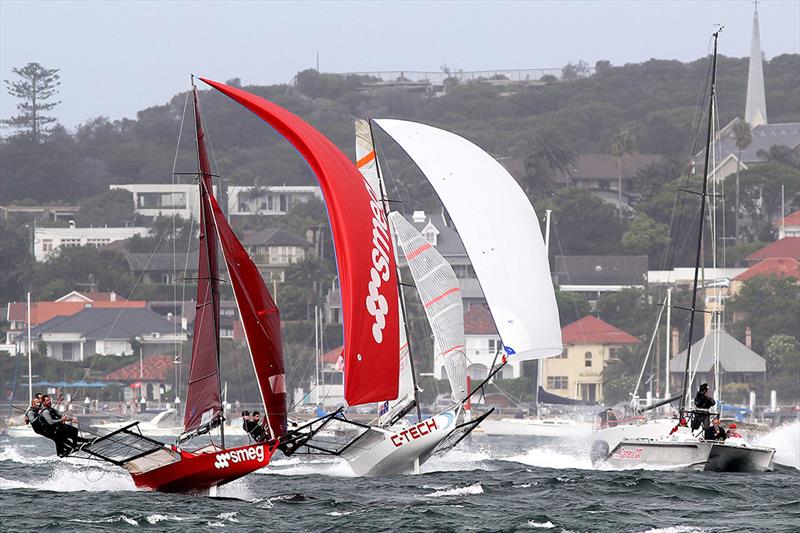Smeg and C-Tech race downwind in a NE wind during the 2013 JJ Giltinan photo copyright Frank Quealey taken at Australian 18 Footers League and featuring the 18ft Skiff class