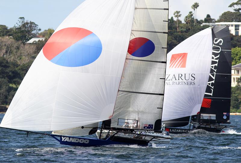 The two leaders on lap 2 of the course - 18ft Skiff Spring Championship race 1 photo copyright Frank Quealey taken at Australian 18 Footers League and featuring the 18ft Skiff class