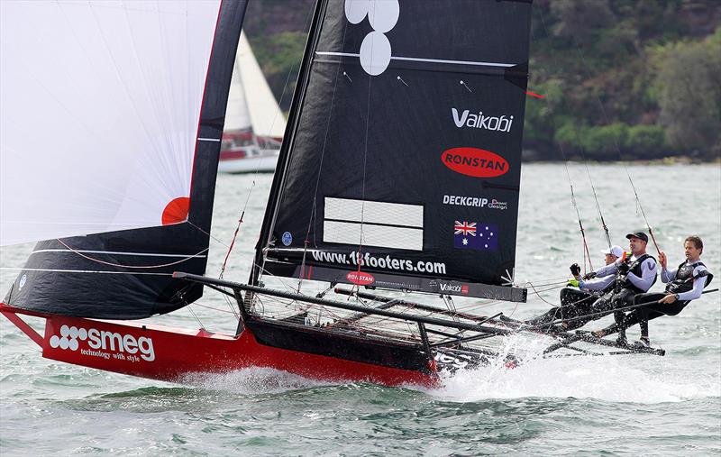 Team Smeg on the spinnaker run down the middle of Sydney Harbour during 18ft Skiff Spring Championship Race 3 - Mick Scully Memorial Trophy photo copyright Frank Quealey taken at Australian 18 Footers League and featuring the 18ft Skiff class