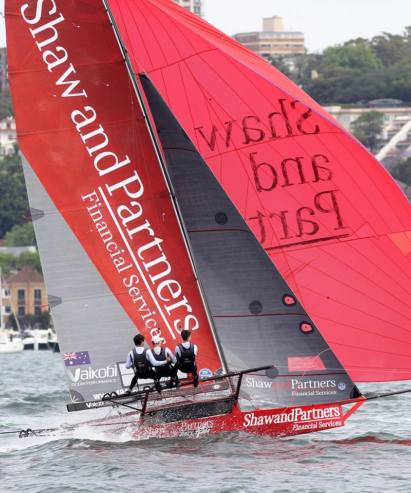 Shaw and Partners between the islands during 18ft Skiff Spring Championship Race 3 - Mick Scully Memorial Trophy photo copyright Frank Quealey taken at Australian 18 Footers League and featuring the 18ft Skiff class