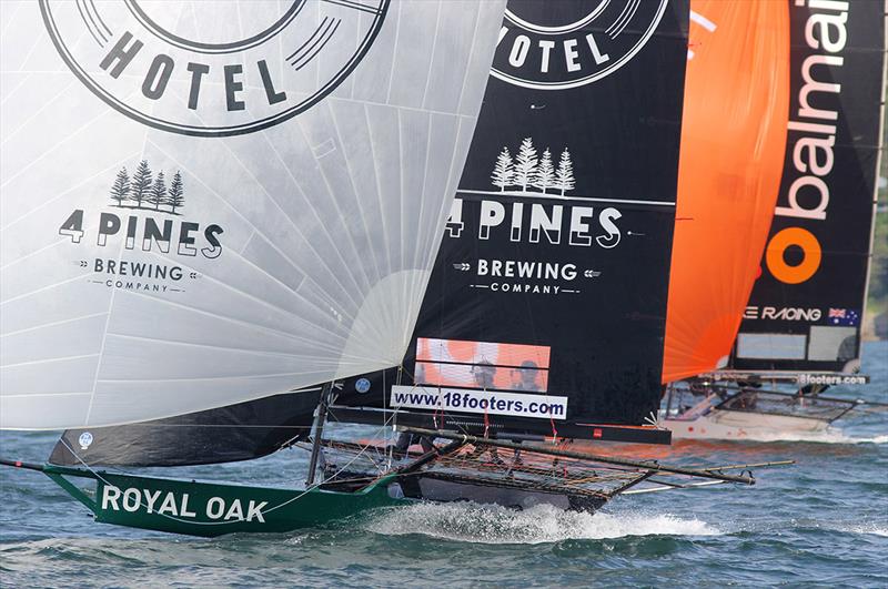 The Oak Double Bay-4 Pines and Balmain Slake on a spinnaker run in Race 1 - Spring Championship photo copyright Frank Quealey taken at Australian 18 Footers League and featuring the 18ft Skiff class