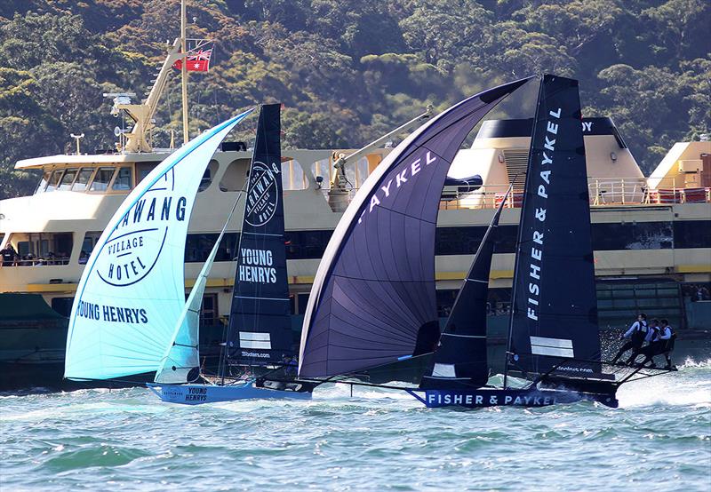 18ft skiffs match the Manly Ferry for speed photo copyright Frank Quealey taken at Australian 18 Footers League and featuring the 18ft Skiff class