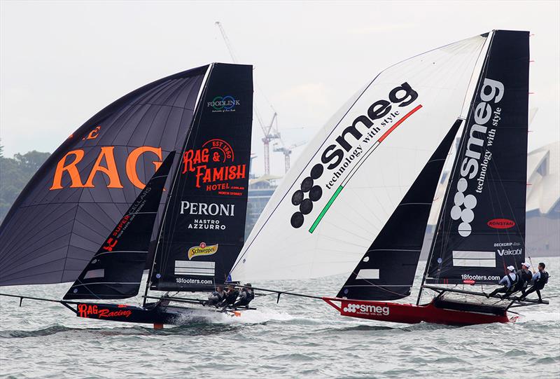 Two of the 'hot' teams in action - 18ft Skiff Spring Championship photo copyright Frank Quealey taken at Australian 18 Footers League and featuring the 18ft Skiff class