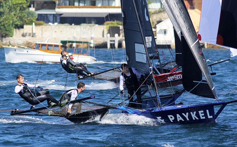 Fisher and Paykel beats Smeg home narrowly for fifth place - NSW 18ft skiff Championship photo copyright Frank Quealey taken at Australian 18 Footers League and featuring the 18ft Skiff class