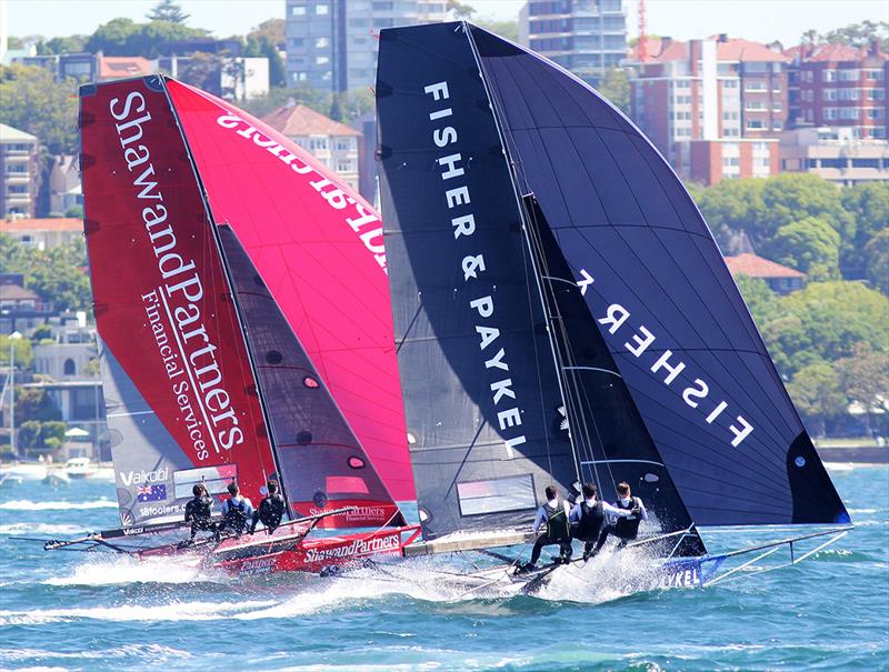 Shaw and Partners and Fisher and Paykel had a great spinnaker battle on the first lap of the course - NSW 18ft skiff Championship photo copyright Frank Quealey taken at Australian 18 Footers League and featuring the 18ft Skiff class