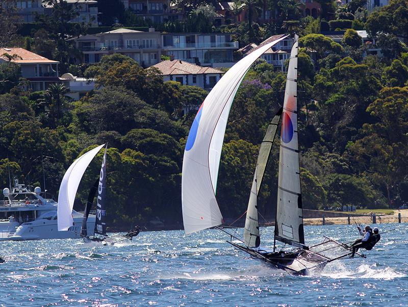 Yandoo chases Andoo down the second spinnaker leg - NSW 18ft skiff Championship photo copyright Frank Quealey taken at Australian 18 Footers League and featuring the 18ft Skiff class