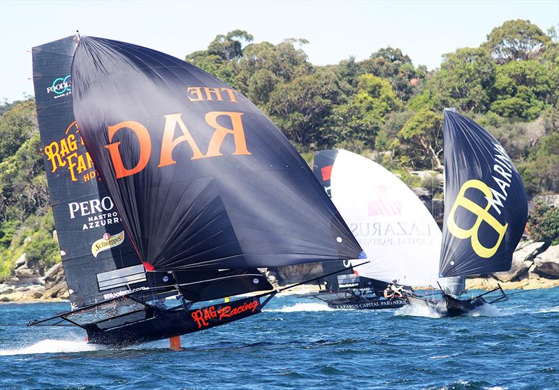 The first spinnaker run - NSW 18ft skiff Championship photo copyright Frank Quealey taken at Australian 18 Footers League and featuring the 18ft Skiff class