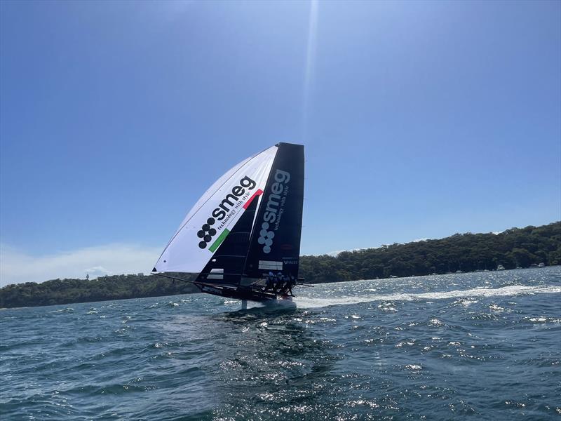 Smeg catching up during Race 3 of the NSW 18ft Skiff Championship photo copyright Frank Quealey taken at Australian 18 Footers League and featuring the 18ft Skiff class