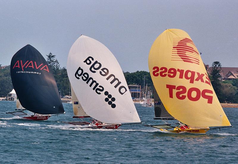 Express Post leads Omega Smeg and Italy's Avaya during the 2002 JJs photo copyright Frank Quealey taken at Australian 18 Footers League and featuring the 18ft Skiff class