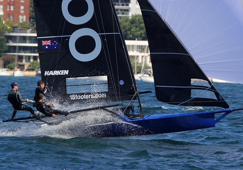 Andoo approaches the finish line to become 2022-23 NSW 18ft skiff champion photo copyright Frank Quealey taken at Australian 18 Footers League and featuring the 18ft Skiff class