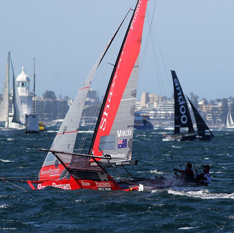 Shaw and Partners chase Andoo on the leg to the top mark on the final lap of the course photo copyright Frank Quealey taken at Australian 18 Footers League and featuring the 18ft Skiff class