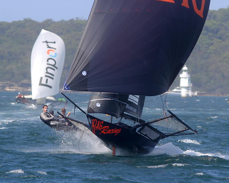 Rag and Famish Hotel winning Race 3 in the 18ft Skiff Australian nationals photo copyright Frank Quealey taken at Australian 18 Footers League and featuring the 18ft Skiff class