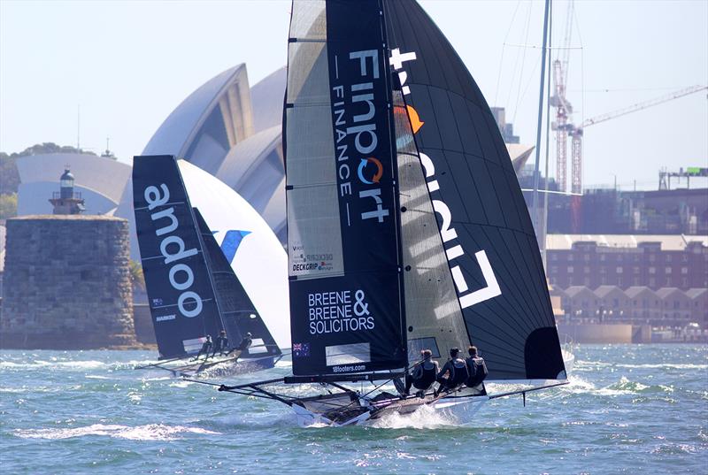 Australian champion Finport Finance and NSW champion Andoo in action photo copyright Frank Quealey taken at Australian 18 Footers League and featuring the 18ft Skiff class