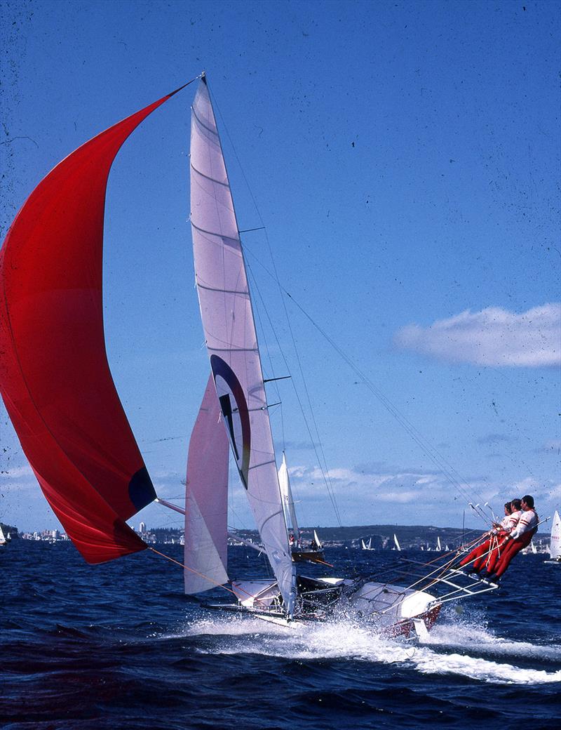 Typical Color 7 spinnaker action on Sydney Harbour - JJ Giltinan Worlds photo copyright Bob Ross taken at Australian 18 Footers League and featuring the 18ft Skiff class