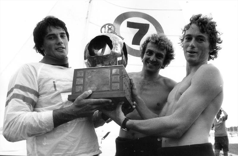 Color 7 team with the JJ Giltinan World Championship trophy in 1978 photo copyright Archive taken at Australian 18 Footers League and featuring the 18ft Skiff class