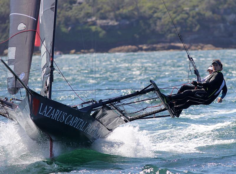 Lazarus crew flying on 18ft Skiff 73rd JJ Giltinan Championship Day 2 photo copyright Frank Quealey taken at Australian 18 Footers League and featuring the 18ft Skiff class