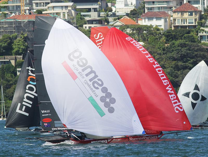 First spinnaker run in race 3 on 18ft Skiff 73rd JJ Giltinan Championship Day 3 photo copyright Frank Quealey taken at Australian 18 Footers League and featuring the 18ft Skiff class