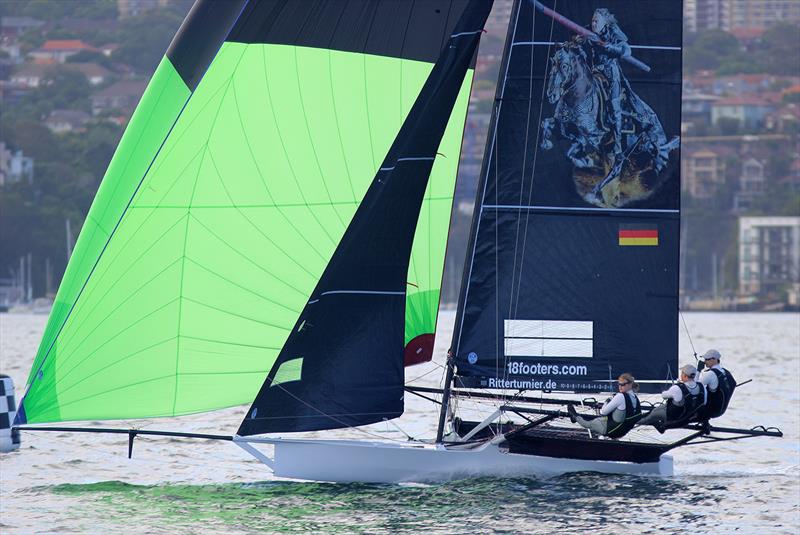 Germany's Black Knight home 6th in fading light in Race 6 on 18ft Skiff 73rd JJ Giltinan Championship Day 4 photo copyright Frank Quealey taken at Australian 18 Footers League and featuring the 18ft Skiff class