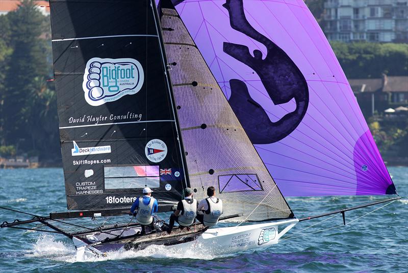 Queensland's Big Foot between the islands in race 8 on 18ft Skiff 73rd JJ Giltinan Championship Day 6 photo copyright Frank Quealey taken at Australian 18 Footers League and featuring the 18ft Skiff class