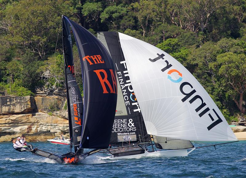 Gybing on the run into Rose Bay in race 8 on 18ft Skiff 73rd JJ Giltinan Championship Day 6 photo copyright Frank Quealey taken at Australian 18 Footers League and featuring the 18ft Skiff class