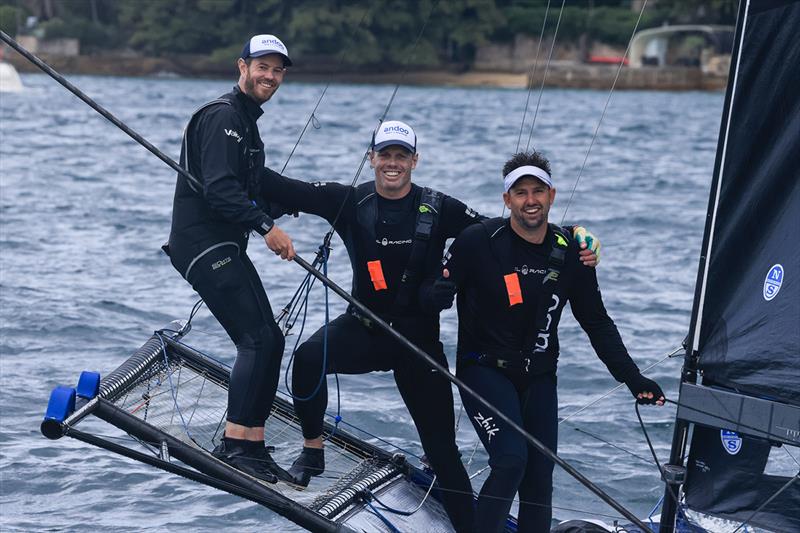 Winning crew, left-to-right, John Winning Jr, Sam Newton , Seve Jarvin - Winning Group 73rd JJ Giltinan 18ft Skiff Championship photo copyright Michael Chittenden taken at Australian 18 Footers League and featuring the 18ft Skiff class